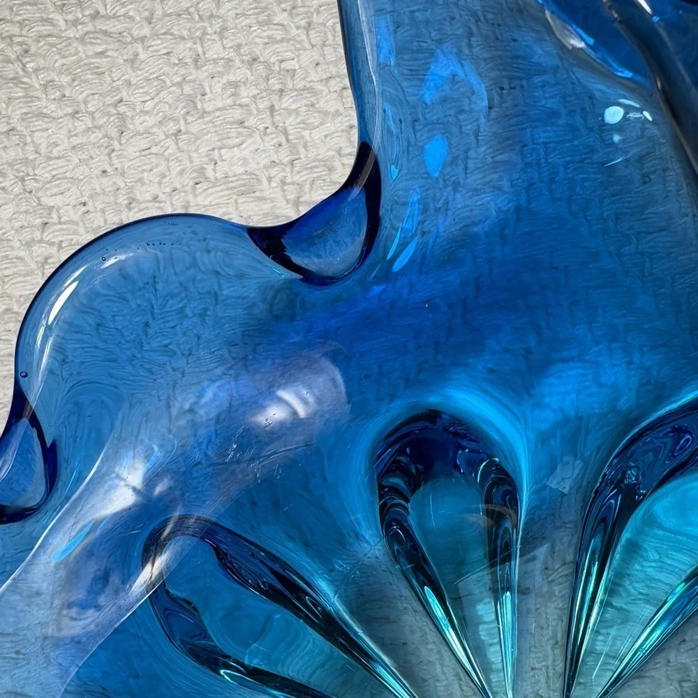 Vintage mid-century blue petal shaped glass bowl used as decorative dish/ashtray